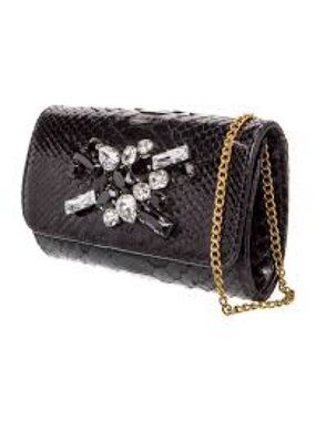 Ted Rossi Black Jeweled Snake-Embossed Chain Clutch